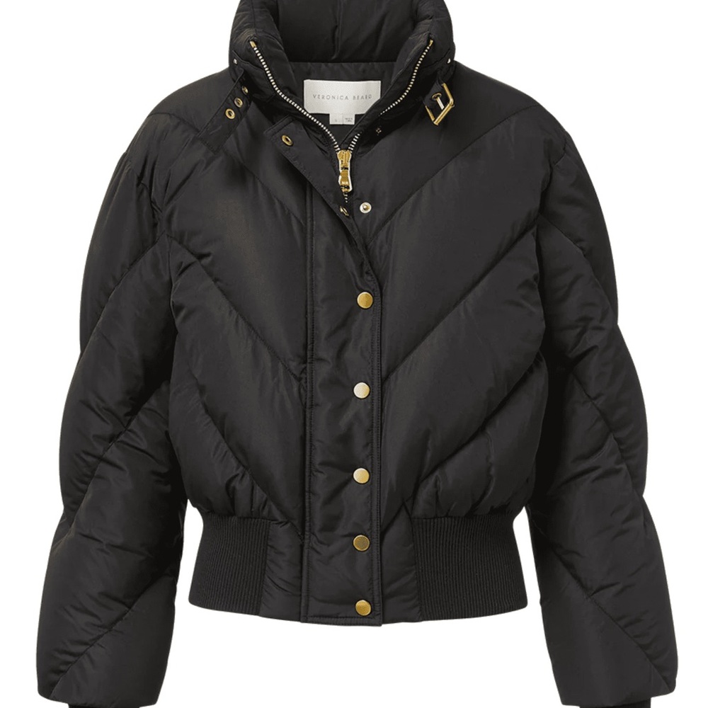 Veronica Beard Dark Puffer Jacket with Gold Buttons